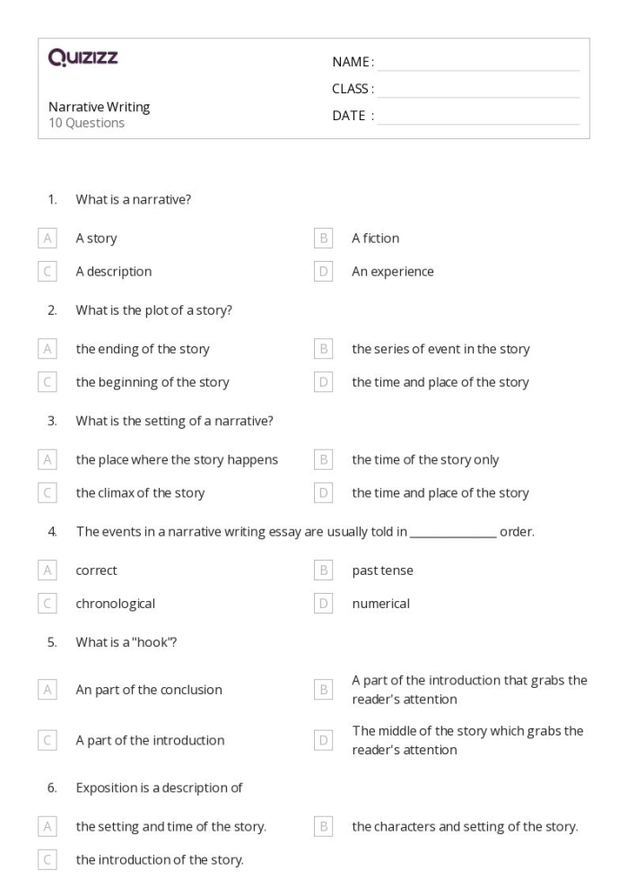 Seventh grade narrative writing rubric worksheet for student assessment