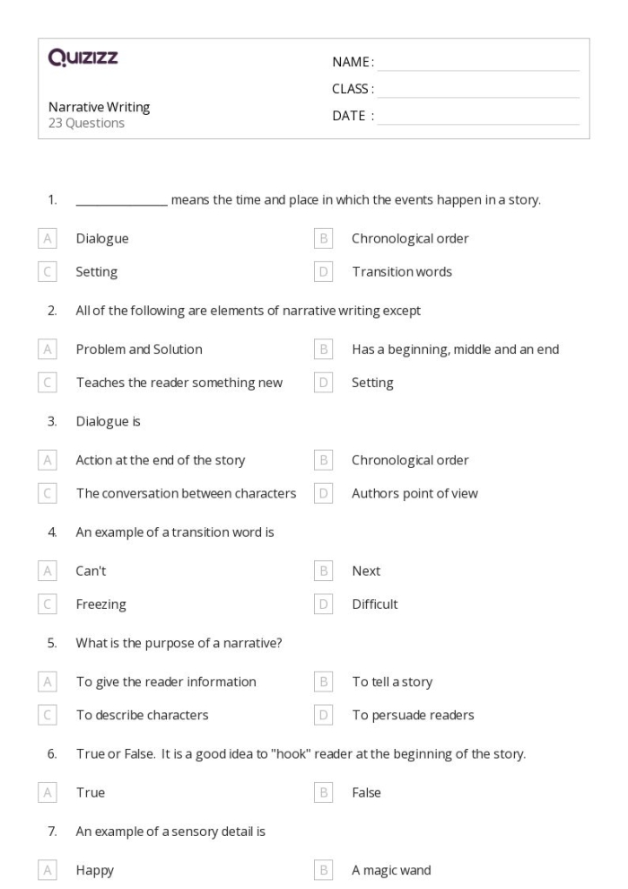Seventh grade narrative writing rubric worksheet for student assessment