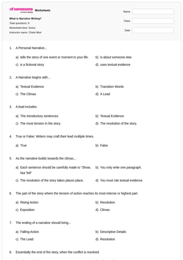 Narrative writing rubric designed for seventh grade reading students to evaluate storytelling abilities