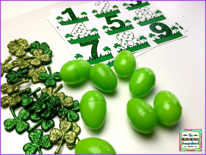 Shamrock Counting Activity for Young Learners Image 8 Kindergarten student counting green shamrocks in a St. Patrick's Day themed math worksheet