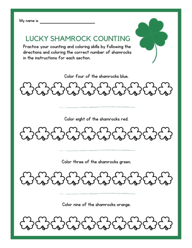 Shamrock Counting Activity for Kids - Image 3 Kindergarten student counting green shamrocks on a St. Patrick's Day themed worksheet with numbered groups