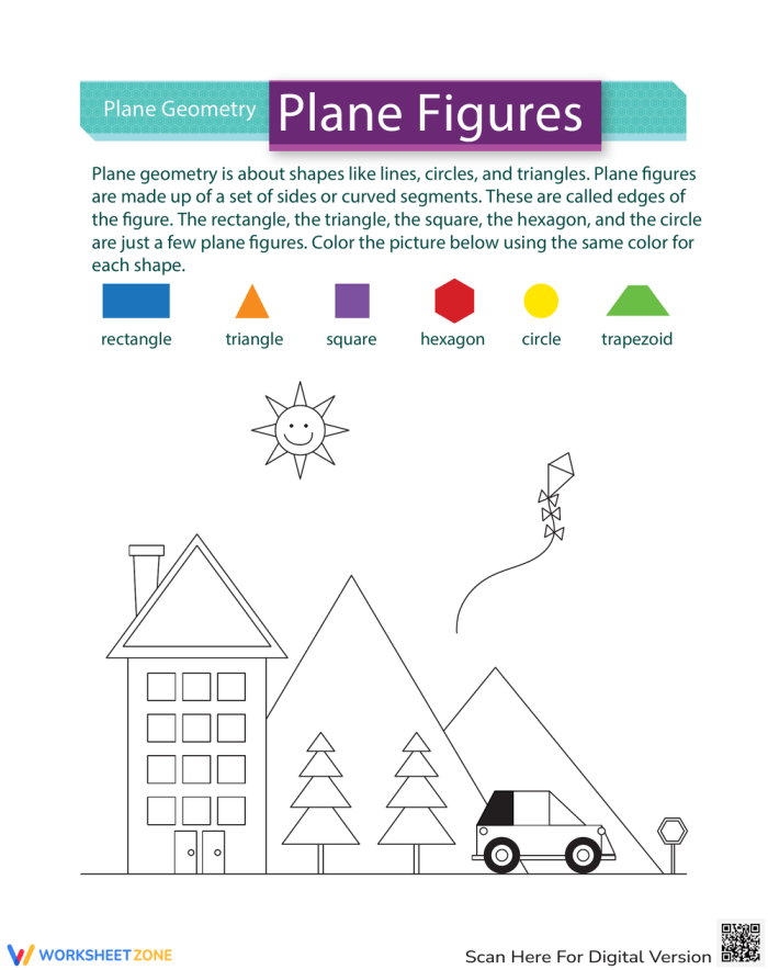 Second Grade Plane Figures worksheet for coloring and shape identification