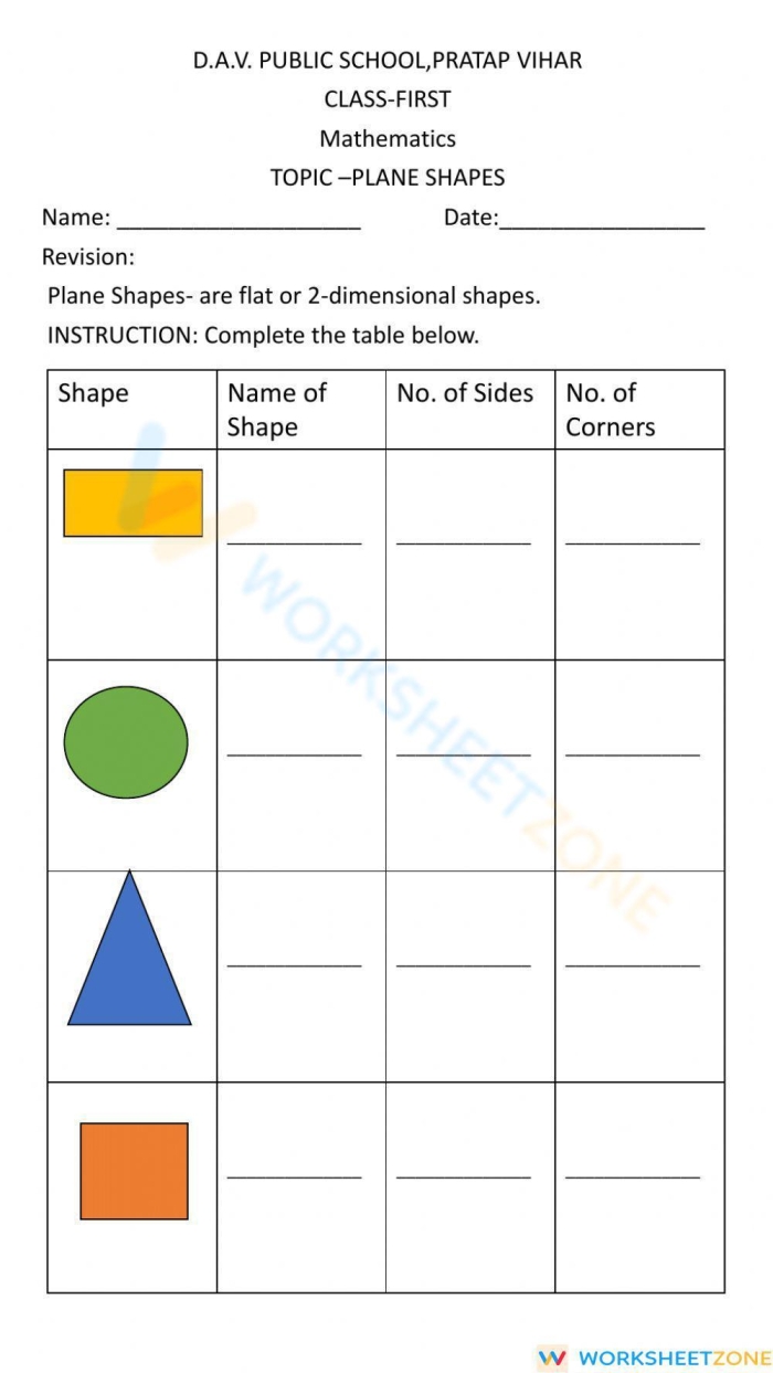 Colorful plane figures worksheet for second graders practicing shape recognition