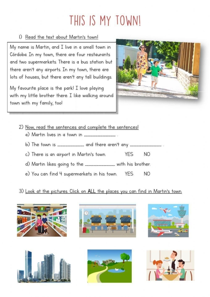 First grade shapes activity showing a busy neighborhood where students can find geometric shapes hidden throughout the illustration A colorful town scene with buildings, windows, and streets for children to identify circles, squares, triangles, and rectangles