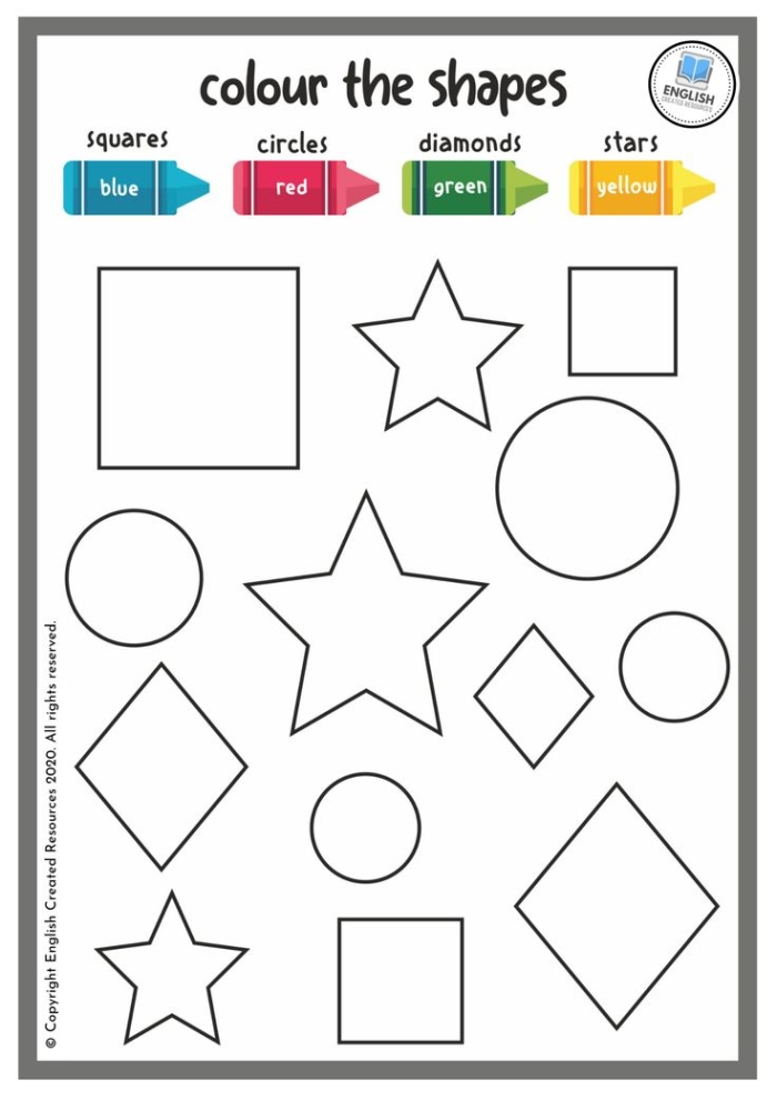 First grade shapes activity showing a cheerful neighborhood with various geometric shapes to find and identify A colorful town scene with buildings, windows, and streets where children can identify circles, squares, triangles, and rectangles hidden throughout the picture