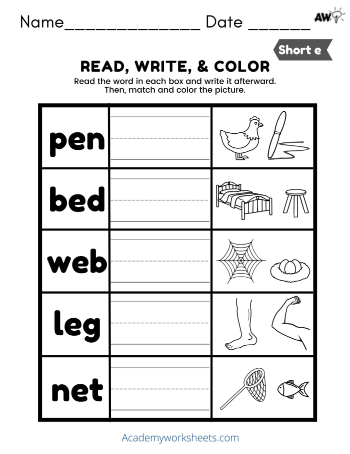 Short E CVC word sort worksheet featuring -en and -eg pictures for kindergarten students