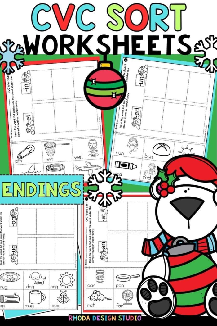 Short I CVC word sort worksheet featuring -ig and -in words for kindergarten students