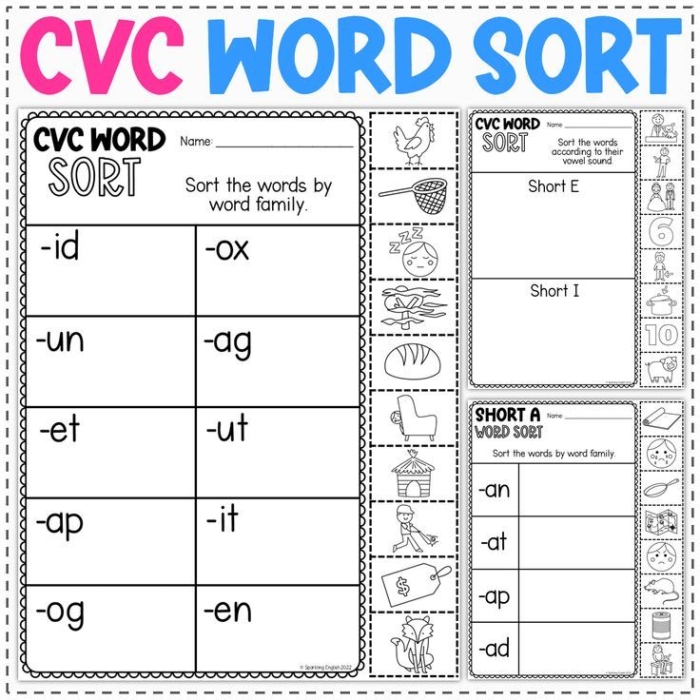 Short I CVC word sort worksheet featuring -ig and -in words for kindergarten students