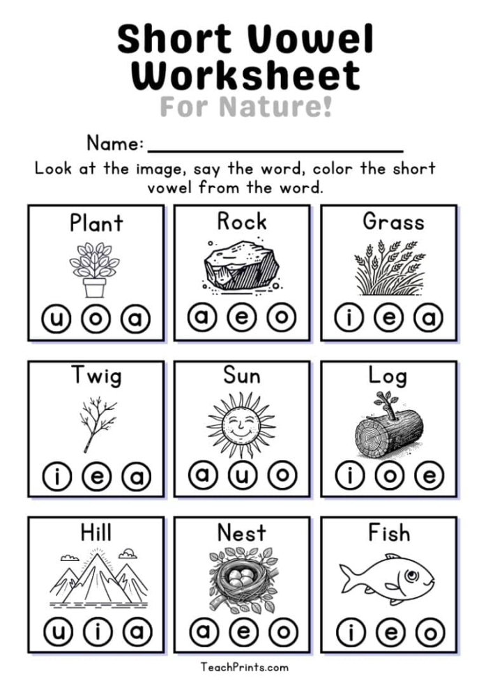 Fun fill-in-the-blank activity for short vowels in multiplication context Preschool short vowel sounds worksheet for early learners