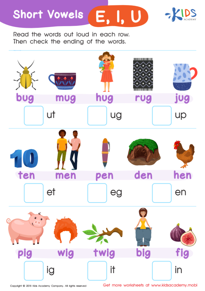 Interactive Know Your Short Vowels! exercise for early learners in multiplication category Preschool worksheet focused on short vowel sounds with fill-in-the-blank activities