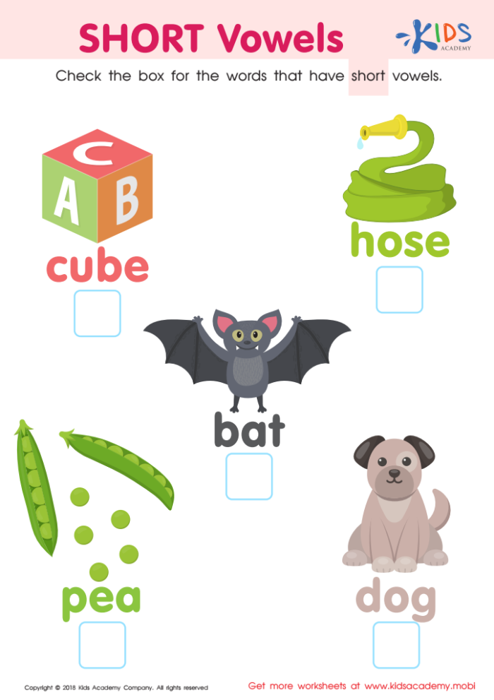 Know Your Short Vowels worksheet fun activity for Pre-K learners 16 Preschool short vowels fill-in worksheet for early learning
