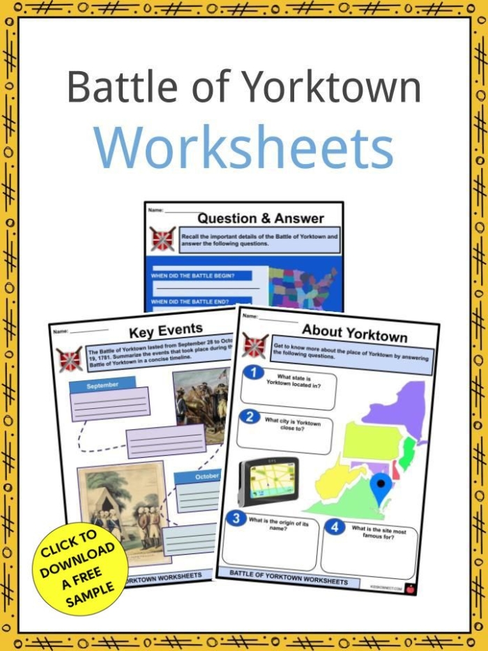 Third grade students learning about the Siege of Yorktown battle during the American Revolution for a reading worksheet