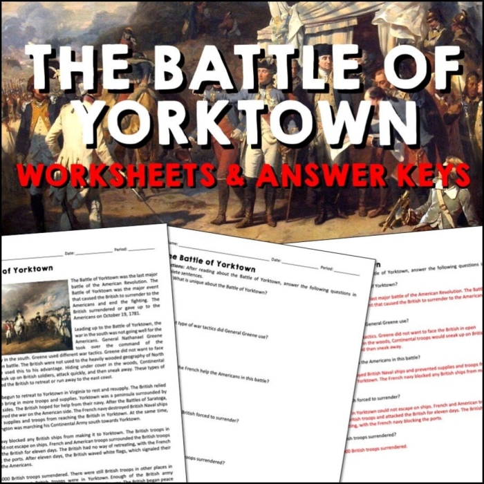 Third grade students learning about the Siege of Yorktown and the American Revolution through a reading worksheet activity