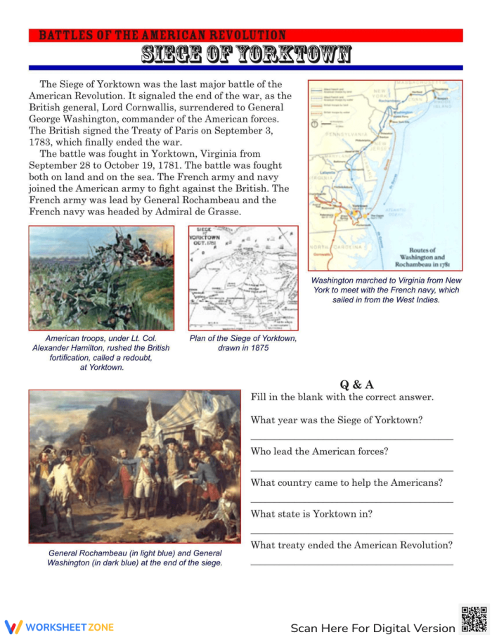 Third grade students learning about the Siege of Yorktown and the American Revolution through a reading worksheet activity