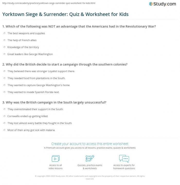 Third grade reading worksheet about the Siege of Yorktown battle during the American Revolution