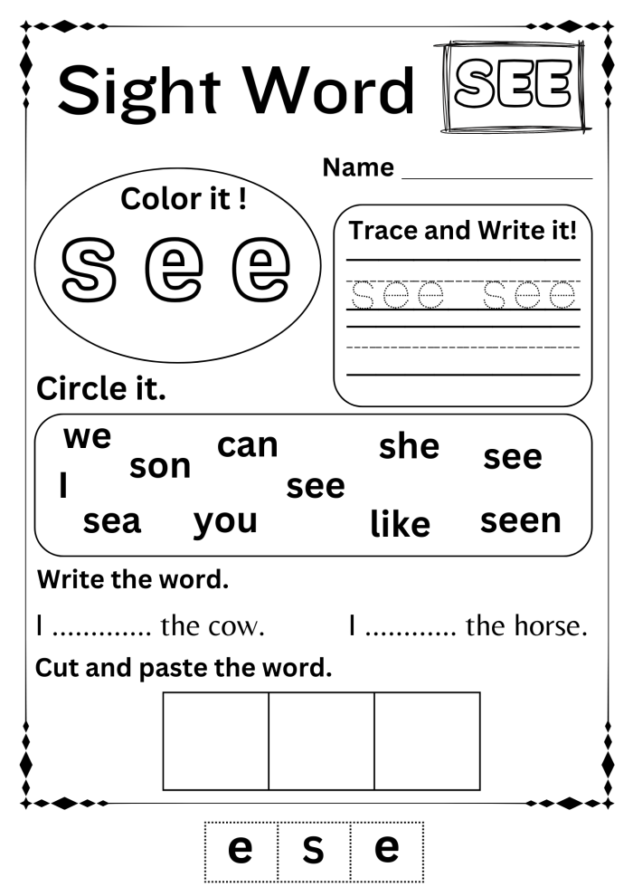 Worksheet for first graders to practice spotting sight words in a mix of real and nonsense words First grade worksheet activity to identify real sight words among made up words