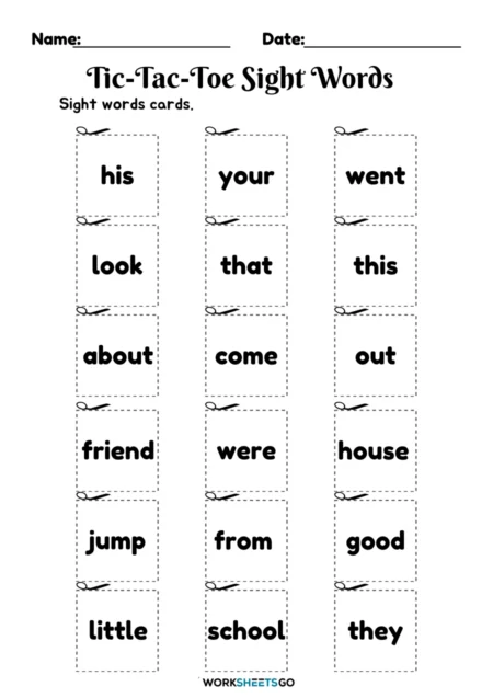 Colorful Sight Word Tic-Tac-Toe worksheet designed for kindergarten students to enhance their reading skills. Engaging game format for practicing sight words in a fun way.