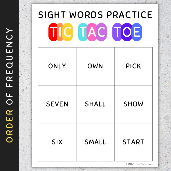 Colorful Sight Word Tic-Tac-Toe worksheet designed for kindergarten reading practice