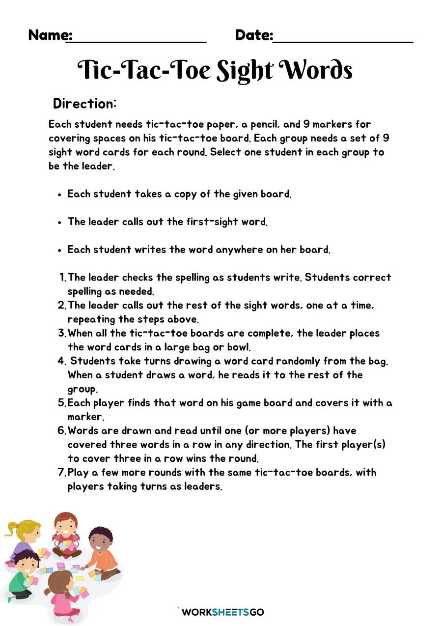 Colorful Sight Word Tic-Tac-Toe worksheet designed for kindergarten students to enhance reading skills. Engaging image of a tic-tac-toe game featuring sight words for fun learning.