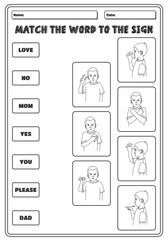 Fourth-grade student completing a Practicing Sign Language worksheet focused on alphabet signs