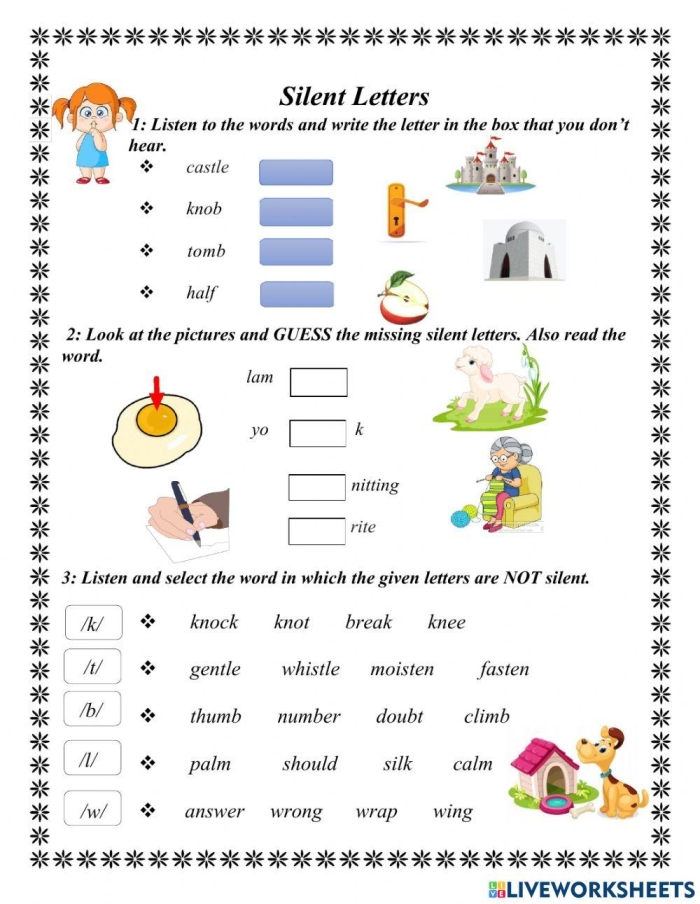 Silent Letters practice worksheet for second graders with reading and writing activities, image 23 Second grade worksheet focused on identifying silent letters by circling them in words