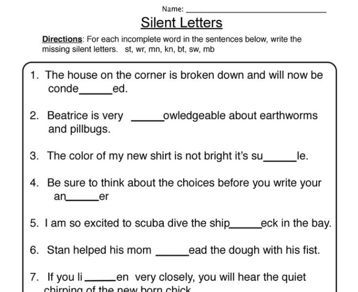 Silent Letters practice sheet for young learners highlighting words with hidden letters, image 19 Second grade worksheet focused on identifying silent letters in common words related to time and money