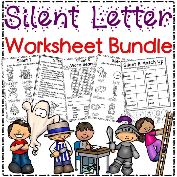 Silent Letters activity sheet for second graders focusing on spelling and pronunciation Second grade worksheet featuring words with silent letters for reading practice