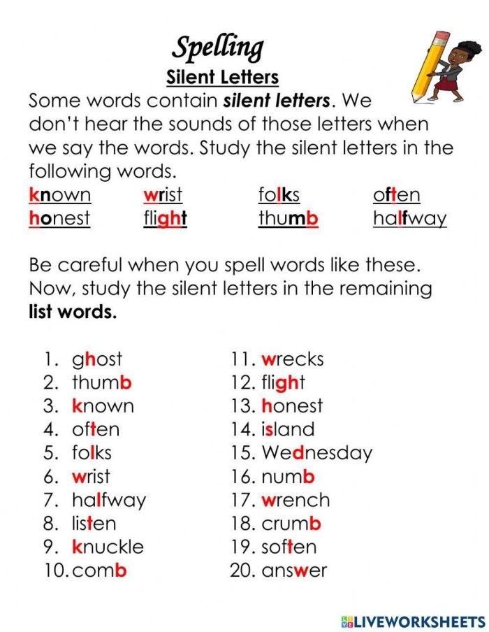 Shh ... Silent Letters exercise for identifying silent letters in words, image 2 Second grade worksheet featuring words with silent letters for reading practice
