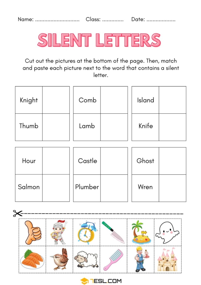 Silent letters reading exercise for second graders featuring word writing and letter circling activity Second grade worksheet focusing on silent letters in common words for reading practice