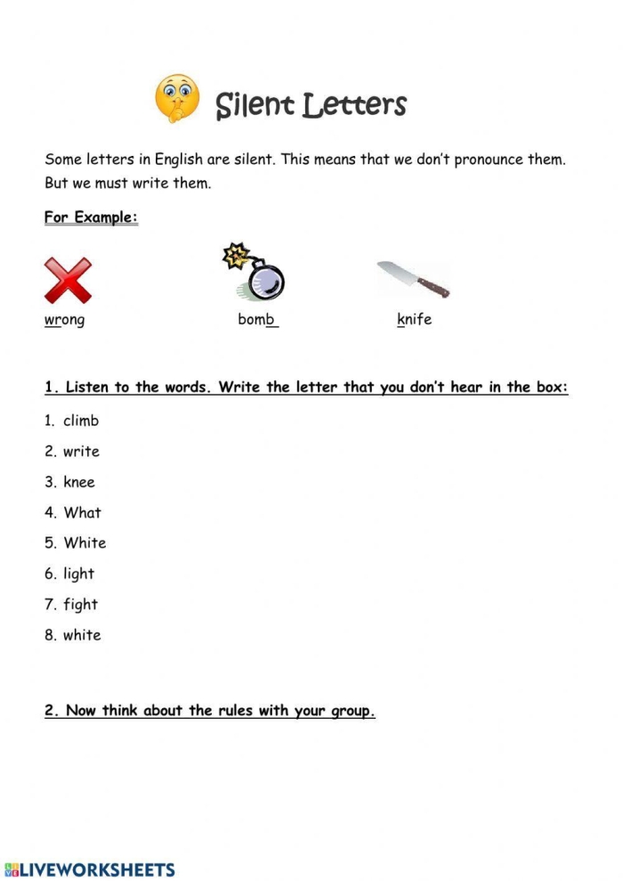 Silent Letters exercise for grade two focusing on identifying and circling silent letters Second grade worksheet showing words with silent letters for reading practice