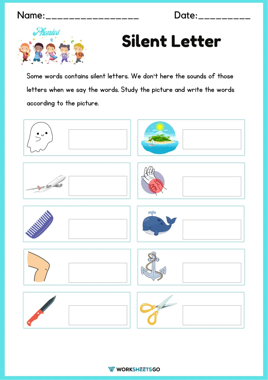 Silent Letters exercise for kids to identify and circle silent letters in words Second grade worksheet featuring words with silent letters for reading practice