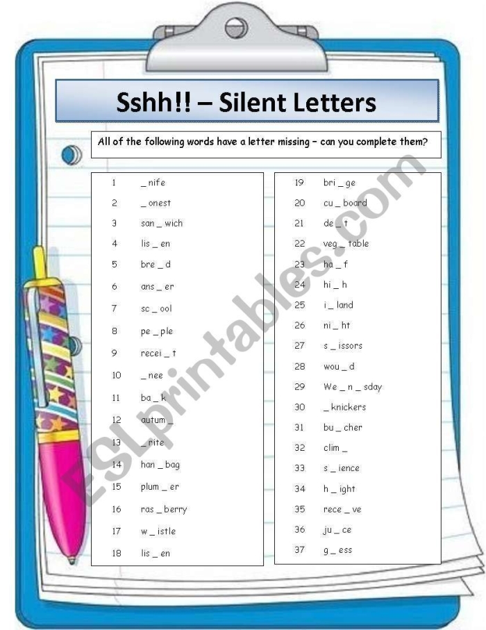 Silent Letters activity sheet for Time and Money category, image eleven Second grade worksheet focusing on words with silent letters for reading practice