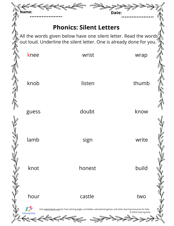 Silent Letters activity sheet for second graders focusing on time and money vocabulary Second grade worksheet featuring words with silent letters for reading practice
