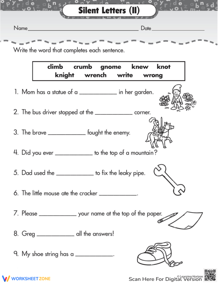 Silent letters reading exercise for second graders on worksheet number 6 Second grade worksheet featuring words with silent letters for reading practice