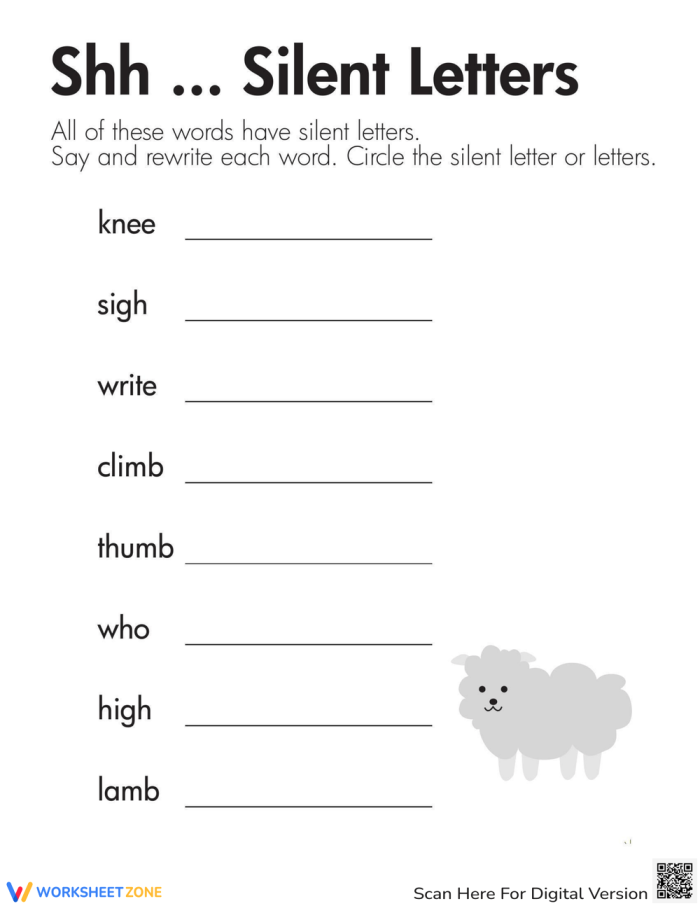 Silent letters exercise for second graders featuring writing and circling activities on worksheet 22 Second grade worksheet focusing on words with silent letters for reading practice