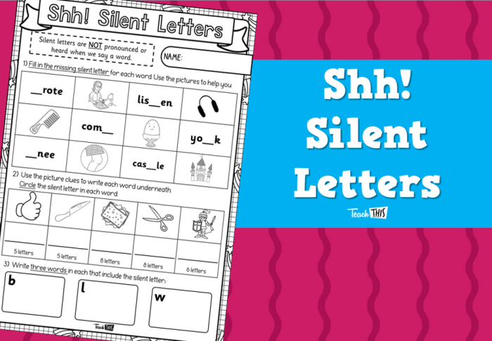 Silent letters practice worksheet for second graders featuring word writing and letter circling activities Second grade worksheet with words containing silent letters for kids to identify and write