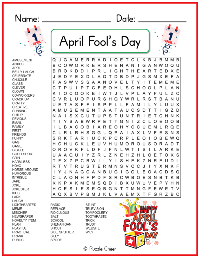 First grade students completing a silly April Fools' Day word search activity with wacky hidden words