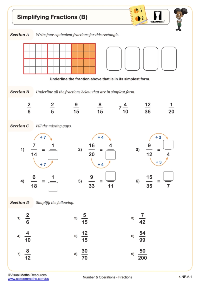 Skill Practice 3 worksheet to help fourth graders review fraction simplification skills Fourth grade math worksheet focused on simplifying fractions for practice