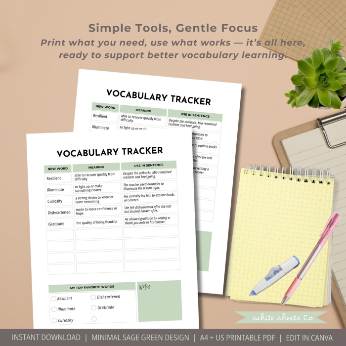Illustration of a vocabulary-building worksheet for middle school reading activities Academic Vocabulary Tracker worksheet designed for sixth graders to enhance their vocabulary skills