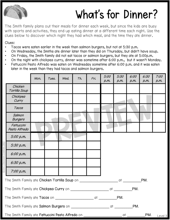 Carnival Conundrum logic activity for middle schoolers with matching challenges and leftover tickets details Sixth grade logic puzzle worksheet featuring a carnival theme with rides, snacks, and ticket clues