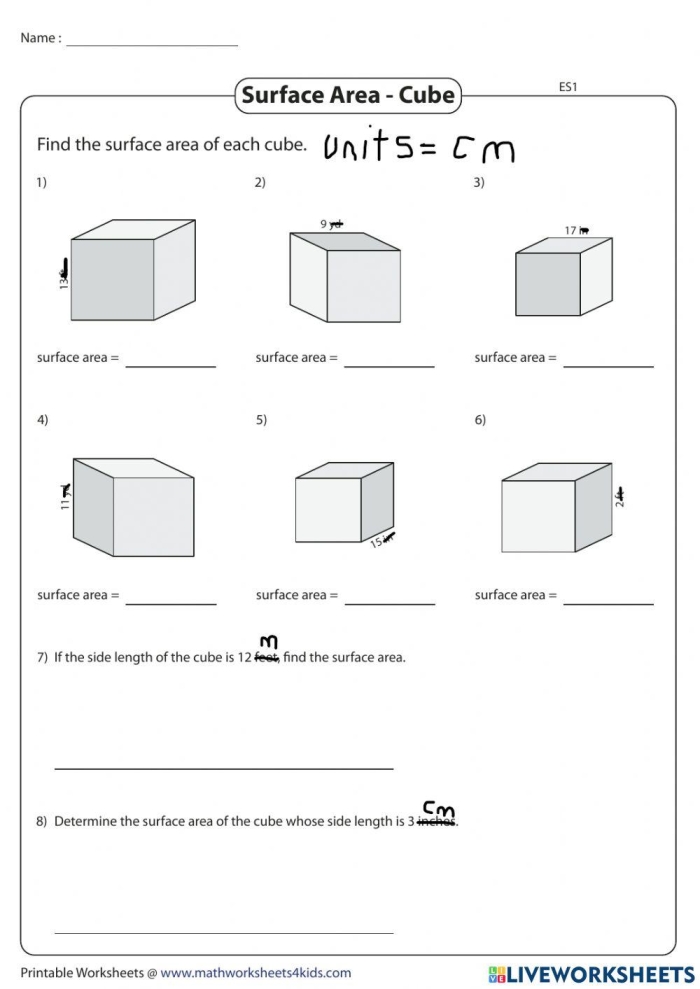 Find the Surface Area: Cube worksheet for geometry practice Worksheet for calculating the surface area of a cube for sixth graders