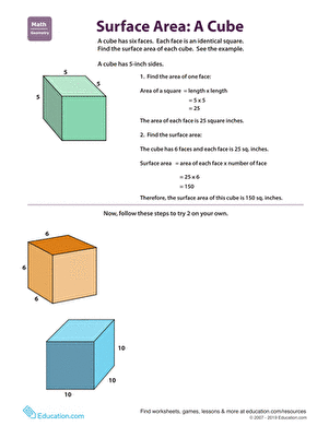 Find the Surface Area: Cube worksheet image for geometry practice Worksheet for calculating the surface area of a cube for sixth-grade students