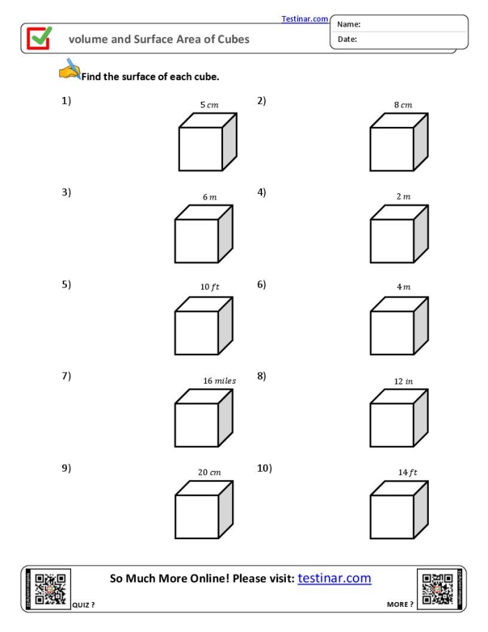 Find the Surface Area: Cube worksheet for geometry practice Worksheet for calculating the surface area of a cube for sixth graders