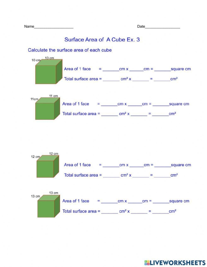 Find the Surface Area: Cube worksheet for geometry practice Worksheet for calculating the surface area of a cube for sixth graders