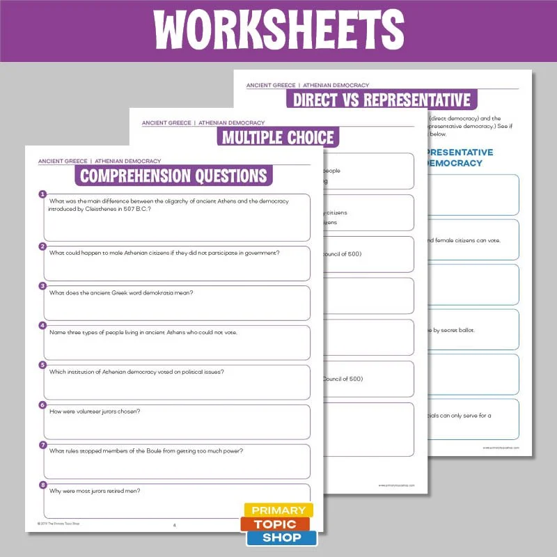 Worksheet comparing democracy in ancient Athens and the United States for sixth graders
