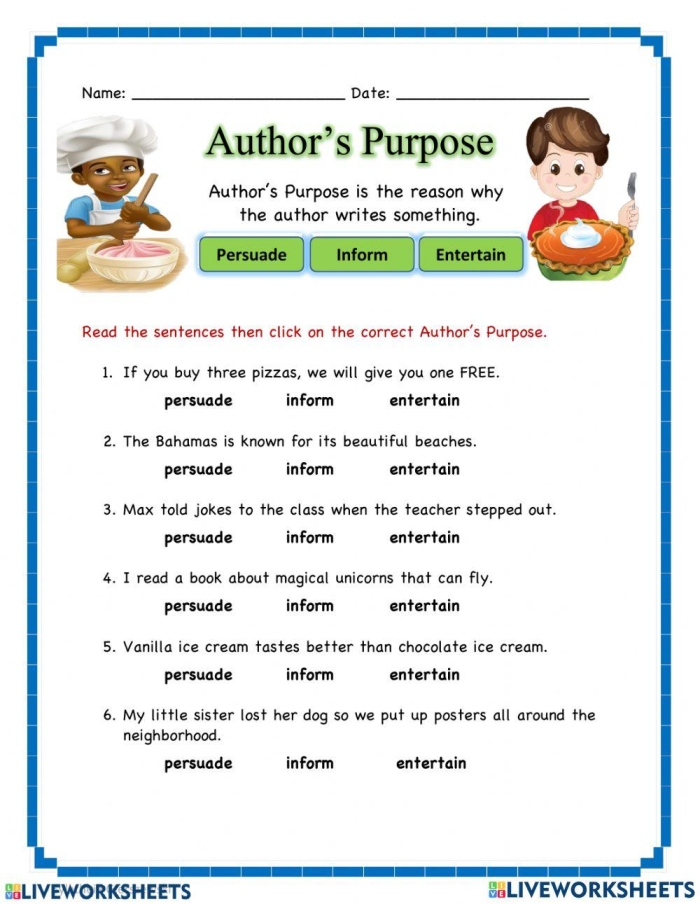 Author’s Purpose activity sheet for analyzing nonfiction texts, image 10 Sixth grade worksheet featuring Literary Nonfiction Response Prompts on identifying author’s purpose