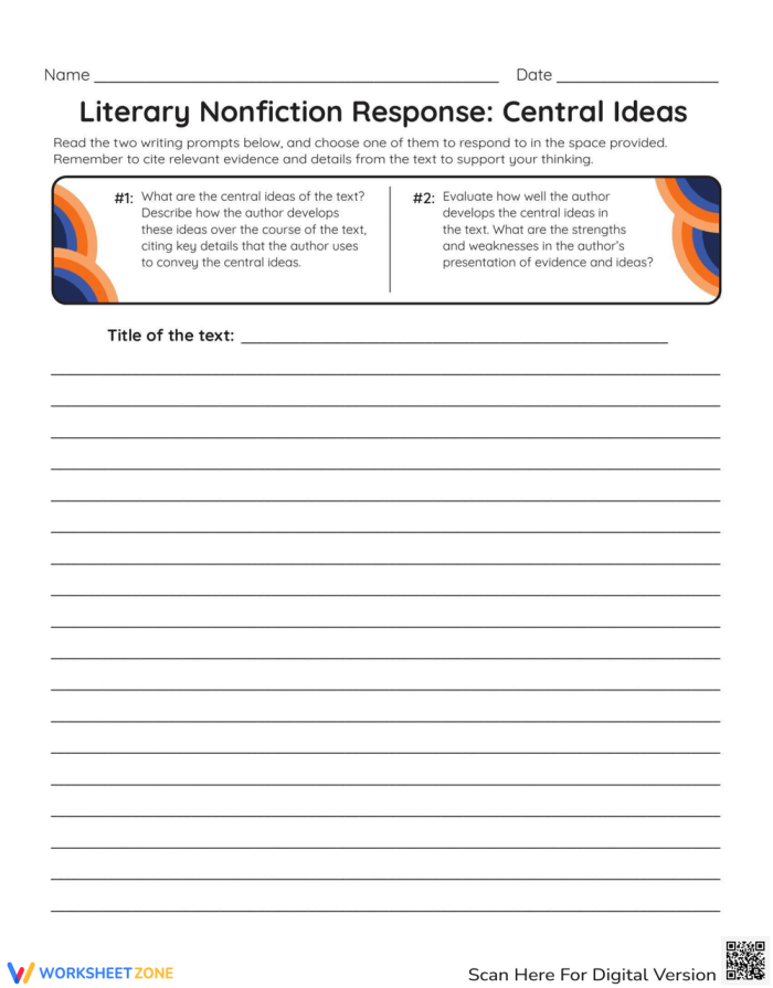 Central Ideas Writing Prompts for Sixth Grade Students Worksheet featuring literary nonfiction response prompts for central ideas