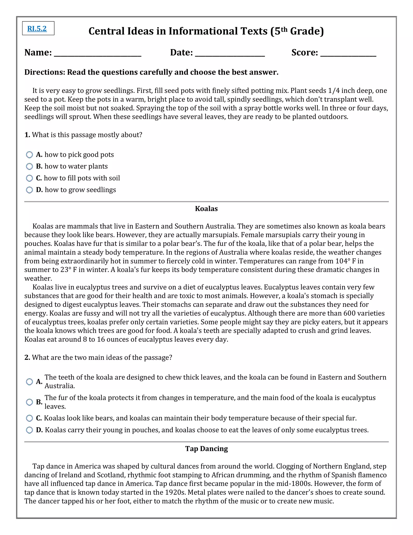 Central Ideas Response Prompt Worksheet for Reading Class Worksheet for sixth graders analyzing central ideas in literary nonfiction texts