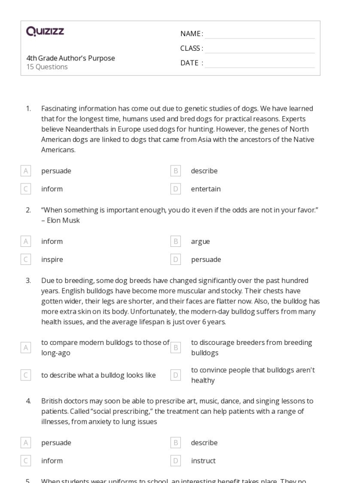 Grade 6 Reading Author’s Purpose worksheet focusing on nonfiction text analysis, image 18 Sixth grade student completing an Author’s Purpose worksheet for literary nonfiction