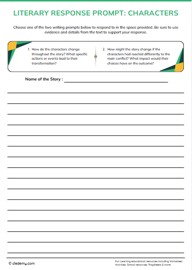 Literary response worksheet for sixth graders analyzing character perspectives in a story